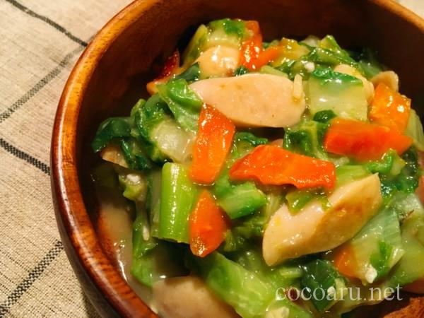 塩麹レシピ：無農薬白菜と青梗菜の魚肉ソーセージ炒め